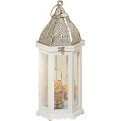 Laterne Mit Eisendach Aus Holz Weiß 50 Cm