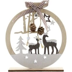 Weihnachtliches Dekoelement Aus Holz Mit Landschaft Rund Natur-Braun