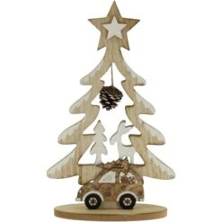 Weihnachtliches Dekoelement Baum Aus Holz Mit Auto Natur 17 Cm X 28 Cm